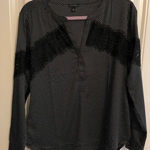 Ann Taylor Black W/white polka dots. Black lace panel on chest and sleeve. SM